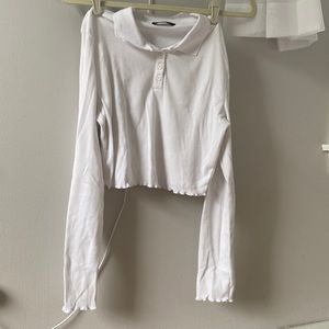 shein collared lettuce cut long sleeve shirt